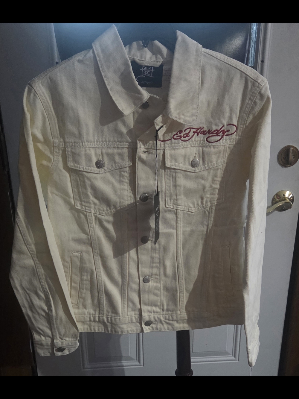 Ed Hardy Cream Denim Jacket with Embroidered Logo, Size Small